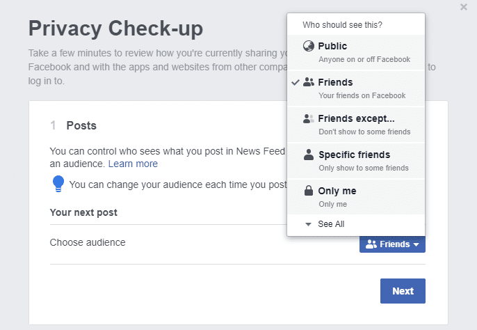 Click on the drop-down menu to select one of the available options like Public, Friends, Friends except, Specific friends or Only me