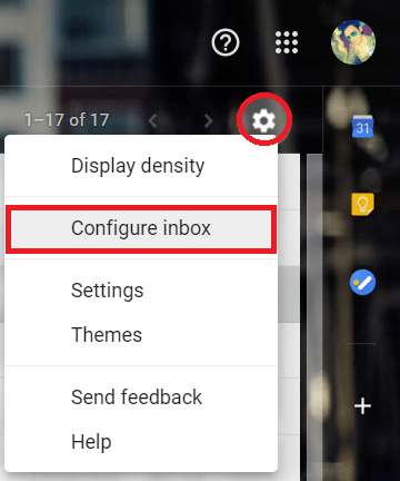 Click on the gear icon at the top right corner of the screen and select ‘Configure inbox’ from the list.