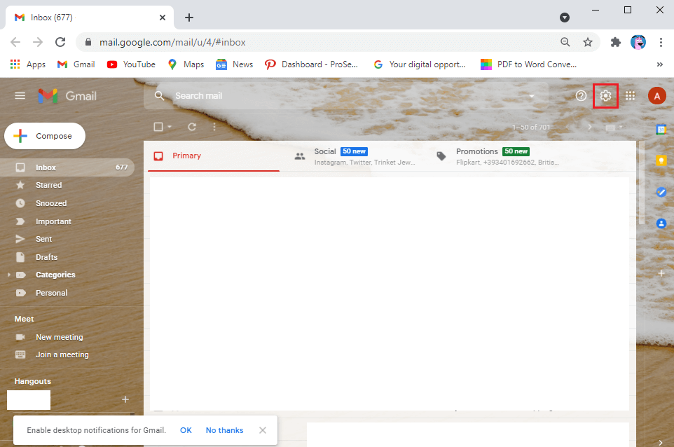 Click on the gear icon at the top-right corner of the screen | Fix email stuck in outbox of Gmail