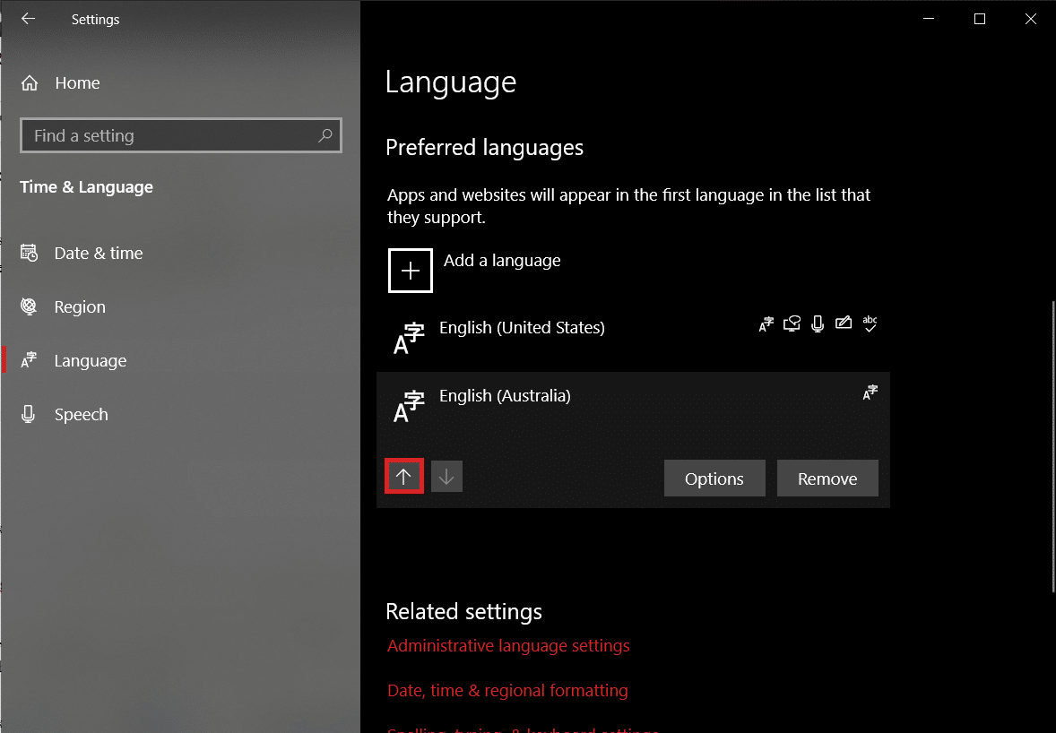 Click on the newly added language to view available options