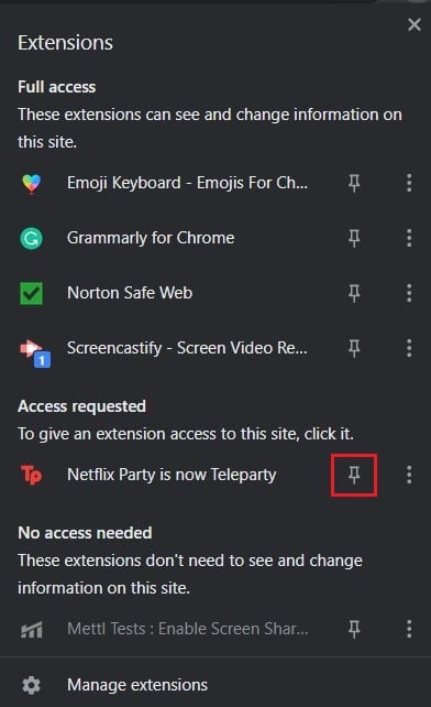Click on the pin icon in front of extension | how to use Netflix party to watch movies with friends. 
