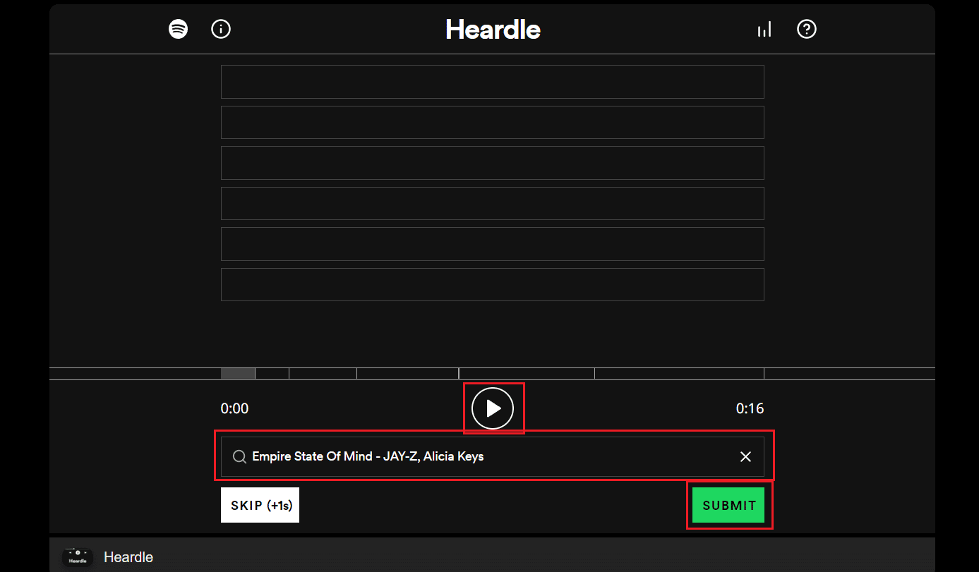 Click on the play icon - enter the artist or title name in the search bar - find the correct artist from the list and click SUBMIT | How to View Heardle Archive