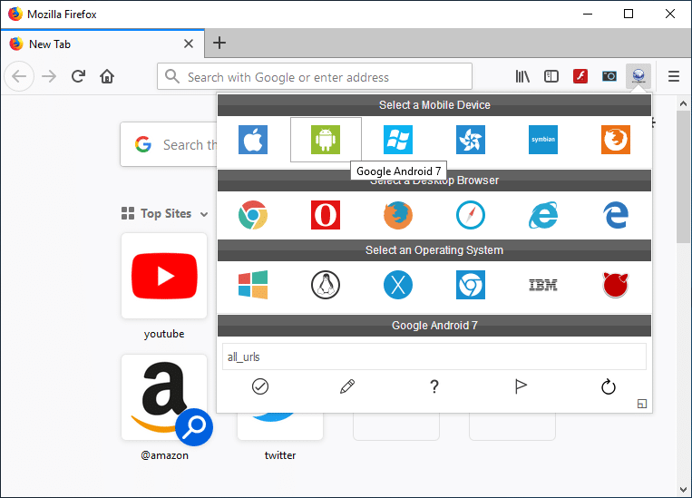 Kliknij ikonę skrótu i ​​wybierz domyślny przełącznik agenta użytkownika w przeglądarce Firefox
