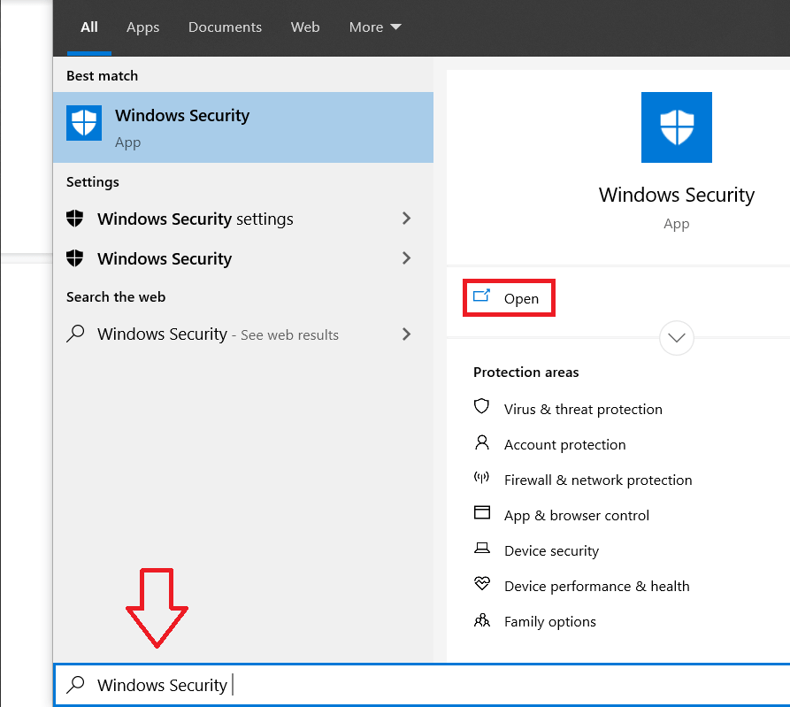 Click on the start button, search for Windows Security and press enter to open