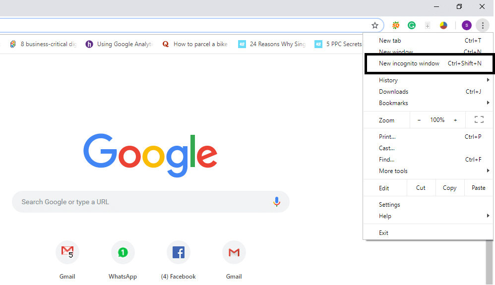 Click on the three dots (Menu) then select Incognito Mode from the Menu
