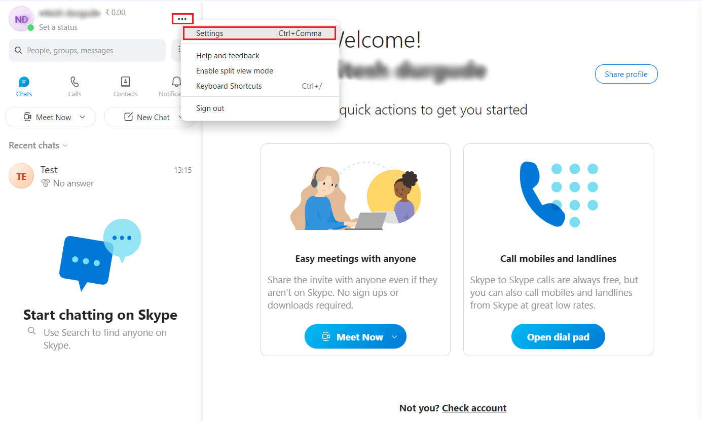 Click on the three-dotted icon - Settings option from the top left corner | Skype screen view options
