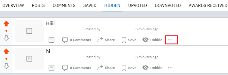 Click on the three-dotted icon next to any hidden post you want to delete