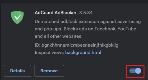 Click on the toggle button to turn off adblock extension | Fix ‘An Error Occurred, Please Try Again Later’ on YouTube