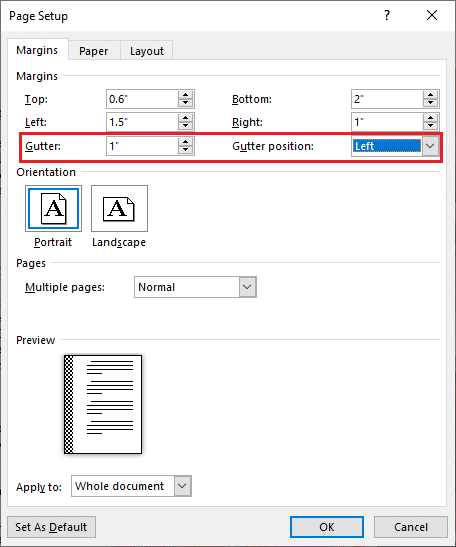 Click on the up arrow button to add a little gutter space and select the gutter position from the adjacent drop-down.