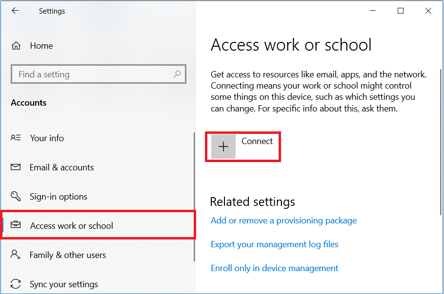 Click on the ‘Access work or school’ tab in the left panel...