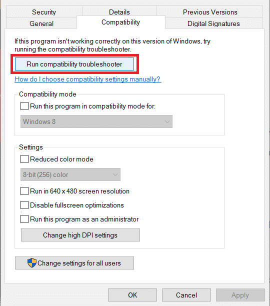 Click on the ‘Compatibility’ tab and Press the ‘Run Compatibility Troubleshooter’ button to start the process