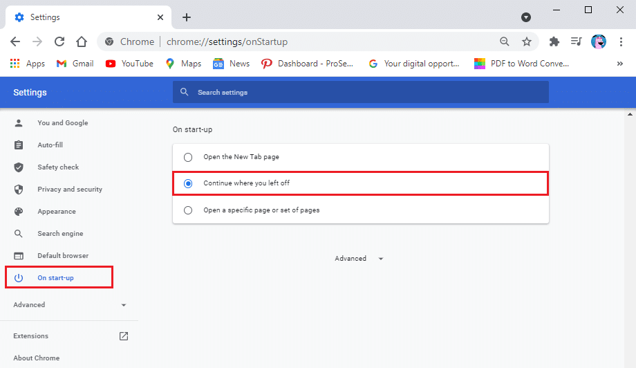 Click on the ‘Continue where you left off' option from the middle | Reopen Recently Closed Tabs
