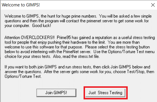 Click on the ‘Just Stress Testing’ button to skip creating an account