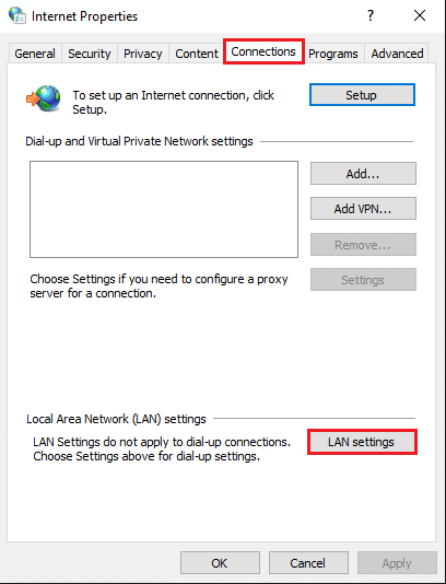 Click on the ‘Lan settings’ option under local area network settings | Fix uTorrent Not Responding