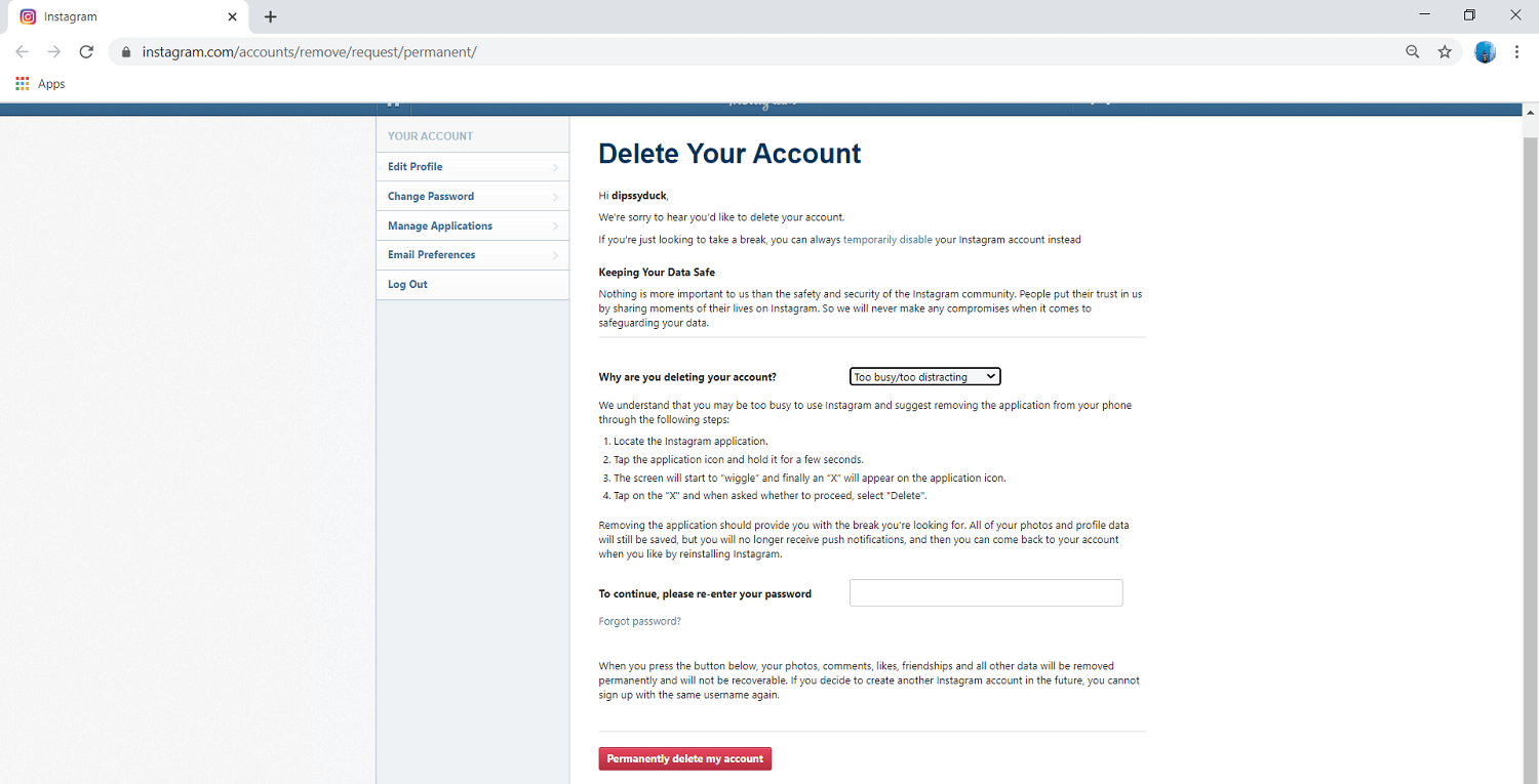 Click on the “Permanently delete my account” button | How to permanently delete Instagram Account