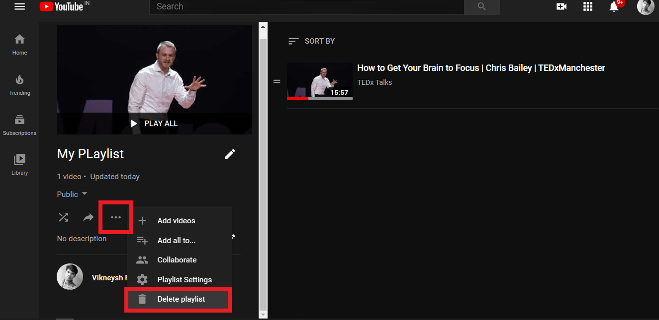 Click on three-dotted option and then select Delete playlist | How to Delete a Playlists on YouTube