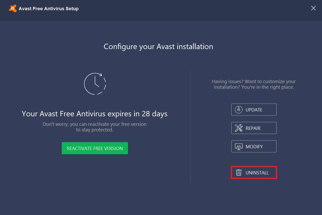 Click on uninstall button at the bottom of the window | Completely Uninstall Avast Antivirus in Windows 10