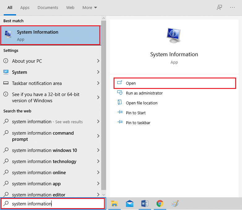 Click on your Windows key and type System information in the search bar