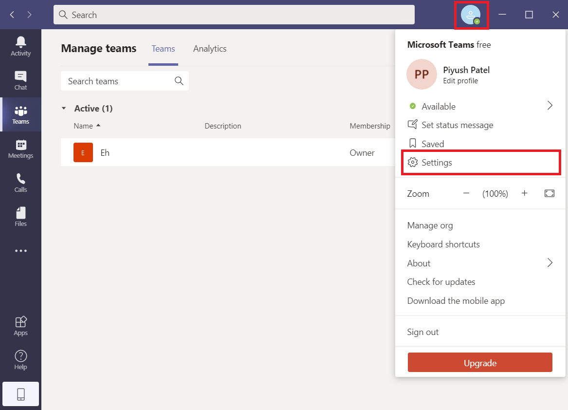 Click on your profile icon and select Settings from the ensuing list | Fix Microsoft Teams Microphone Not Working