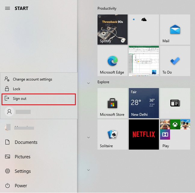 Нажмите на значок своего профиля и выберите «Выйти» | Исправить кнопку запуска Windows 10, которая не работает