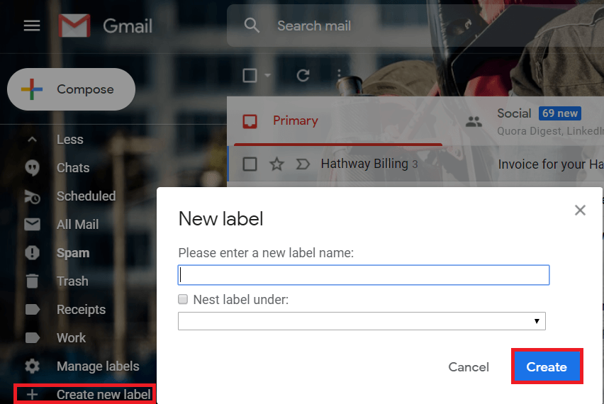 Click on ‘Create new label’ from the list. Type the preferred label name and click on ‘Create’.