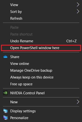 Click on ‘Open PowerShell window here’ to access the command window