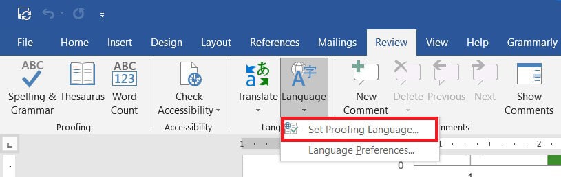 Click on ‘Set proofing language’ to proceed