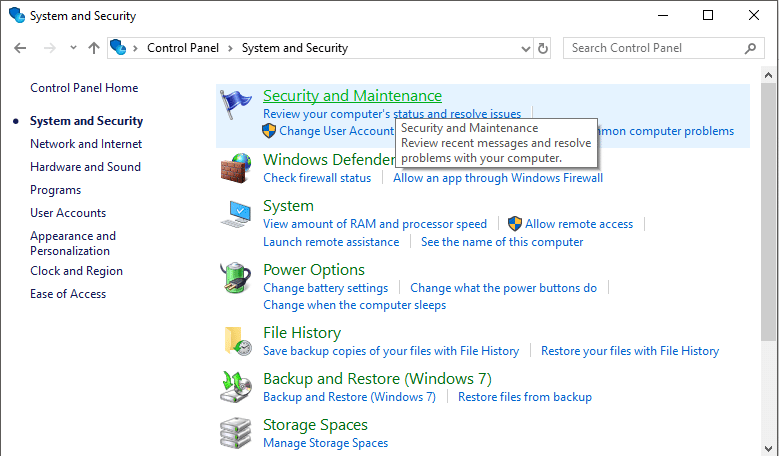 Click on ‘System and Security’ and then click on ‘Security and Maintenance’.