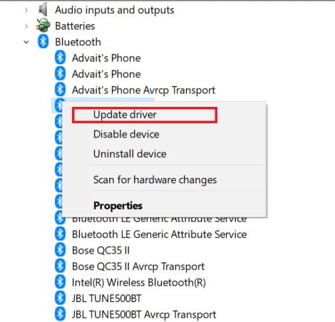 Click on ‘Update driver’ to proceed | How to Install Bluetooth on Windows 10