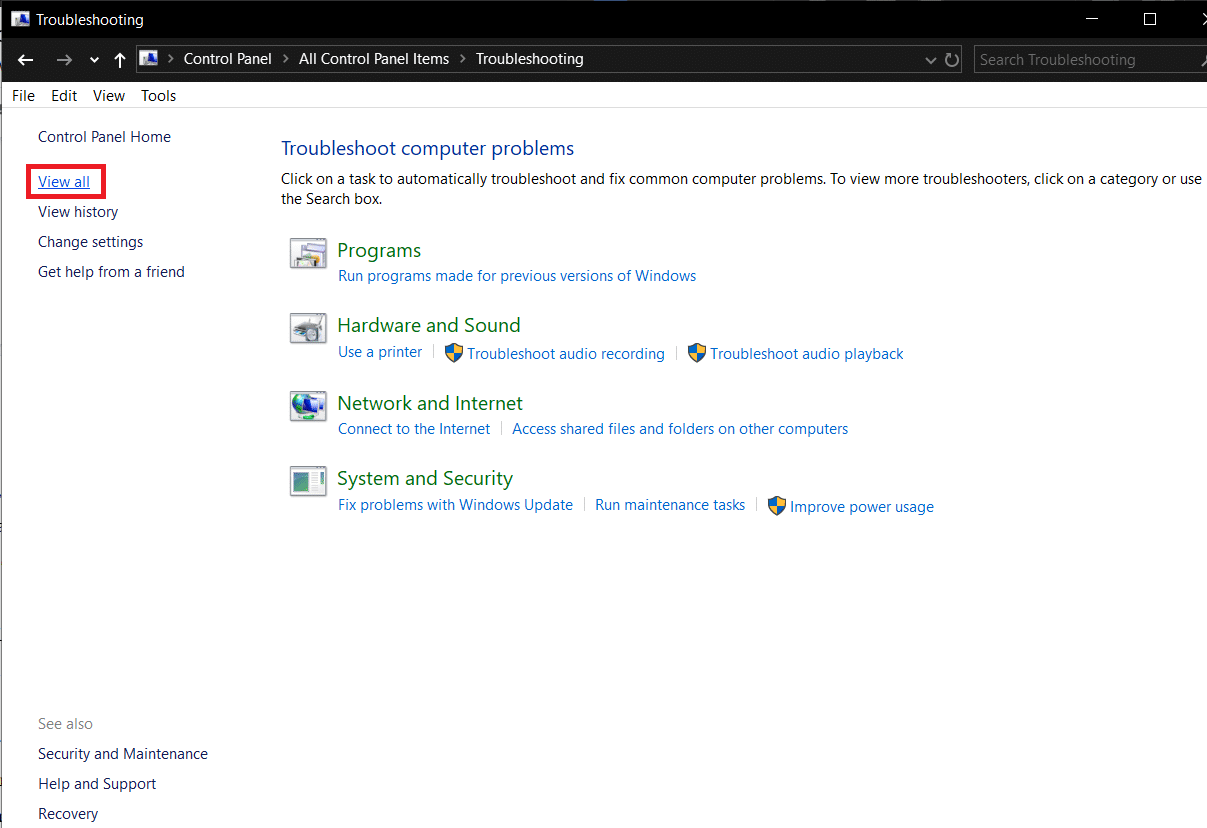 Click on ‘View all’ in the top left corner | Fix Windows 10 Updates Won't Install Error