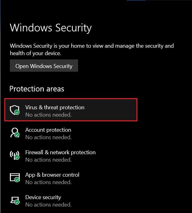 Click on ‘Virus and Threat Actions’ Fix Command Prompt Appears then Disappears on Windows 10