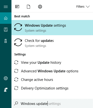 Click on “Windows Update” from the Search result