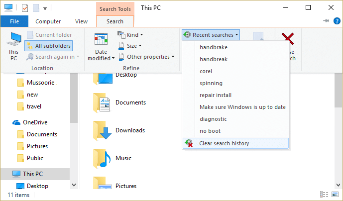 Click recent searches then click Clear search history from the list of dropdown | How to Delete File Explorer Search History