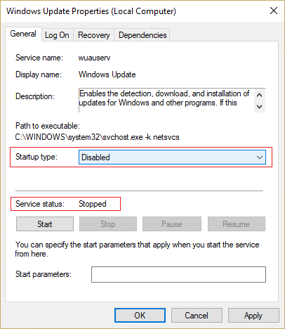 Нажмите «Стоп» и убедитесь, что тип запуска службы Центра обновления Windows — «Отключить | Исправление высокой загрузки ЦП с помощью svchost.exe (netsvcs)