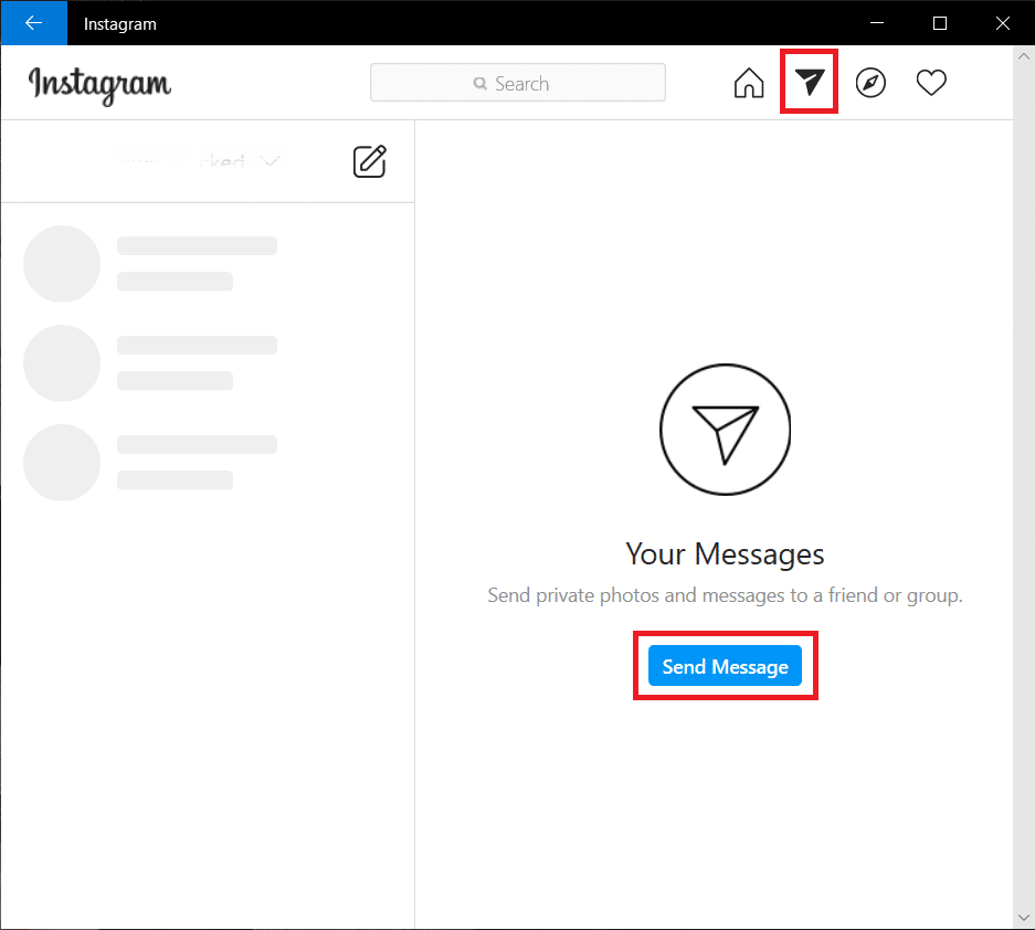 Haga clic en el ícono de Mensaje directo para enviar un mensaje privado a alguien. | Verificar mensajes de Instagram en PC