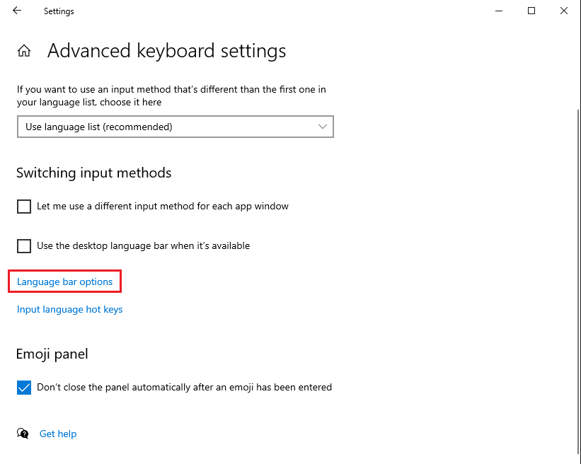 Click the Language bar options link under Switching input methods