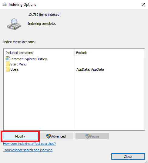 Indexing Options window မှ Modify Button ကို နှိပ်ပါ။ Windows 20 ကို ပိုမြန်အောင် ပြုလုပ်နည်း 10