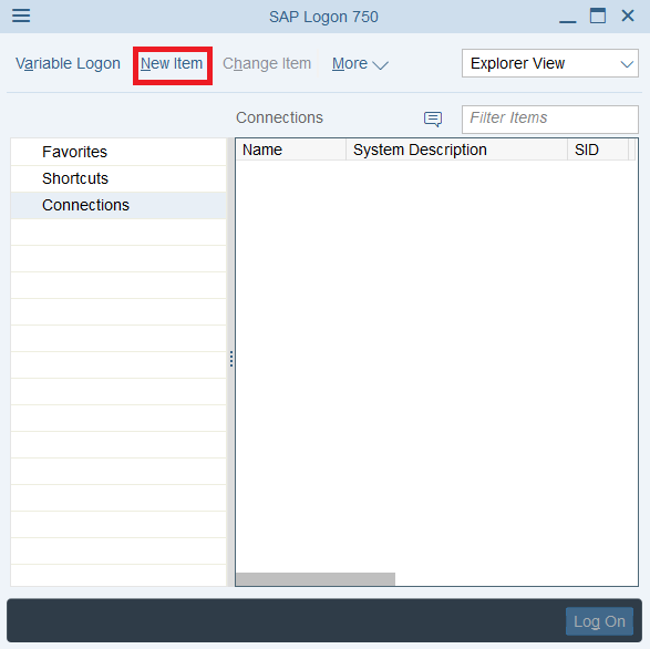 Click the New Item in SAP Logon window