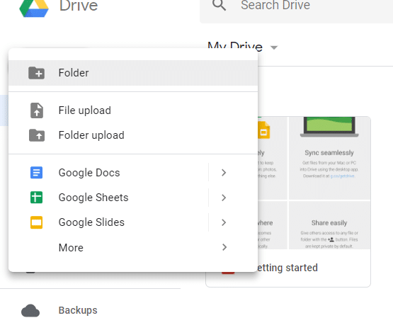 Click the New button then select Folder