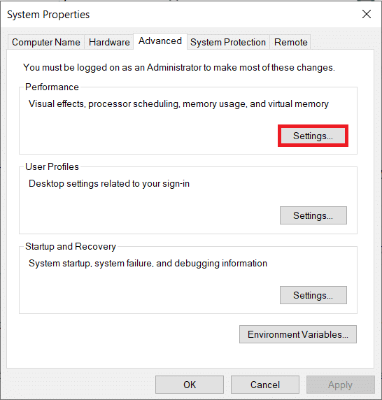 Click the Settings button present under the Performance section of Advanced settings