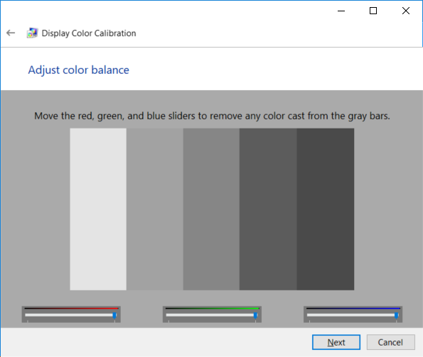 Configure the color balance by adjusting the red, green, and blue sliders to remove any color cast from the gray bars and click Next