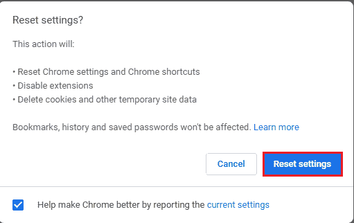 Confirm the prompt by clicking on the Reset settings option | Fix Your Mic is Muted by System Settings in Google Meet