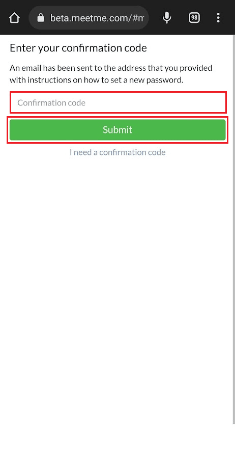 Confirmation code and Submit MeetMe
