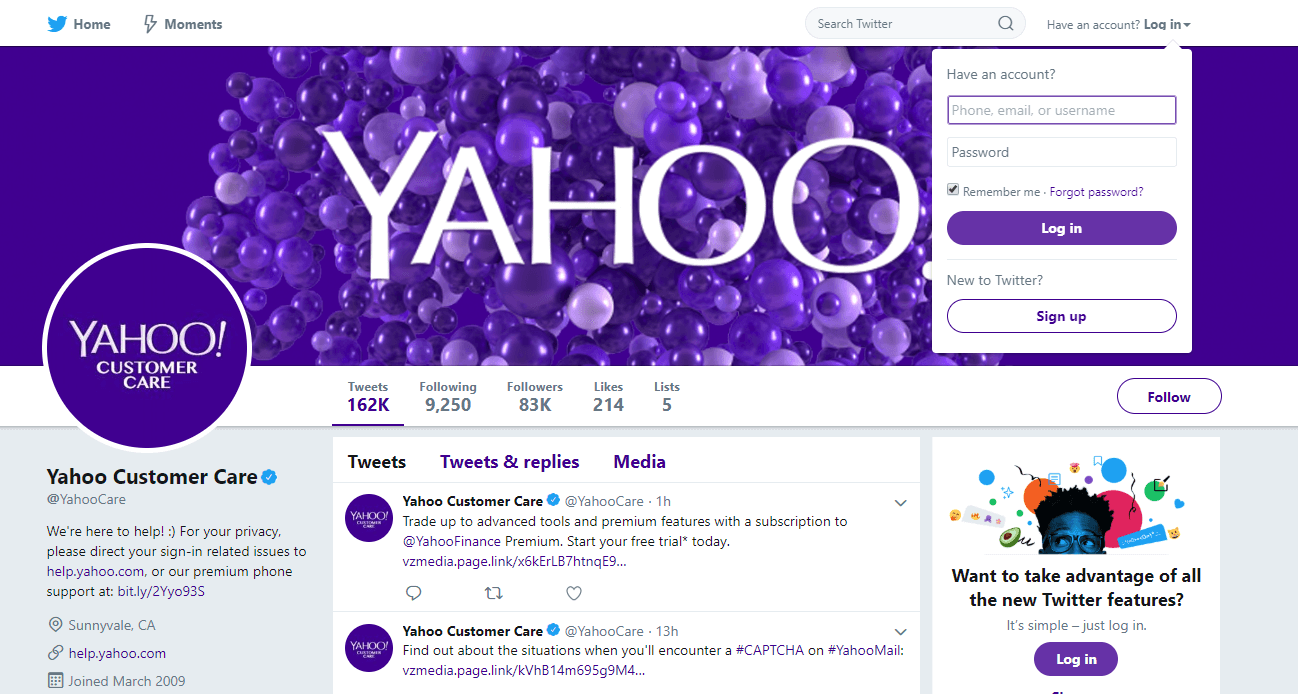 Contact Yahoo Through Twitter for support information
