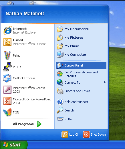 Control Panel in Windows XP Start Menu