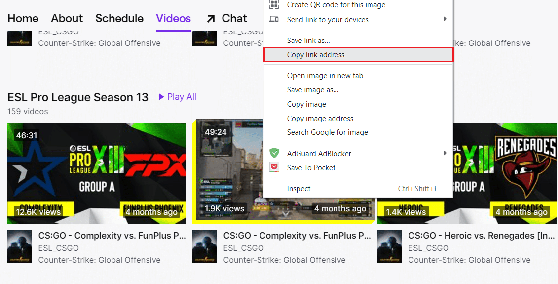 Copy link address on the Twitch video page