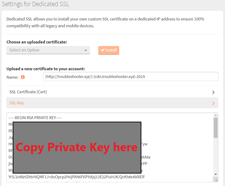 Copy the Private key from server.key file to the SSL Key field | How to Add Let's Encrypt SSL to MaxCDN Custom Domain