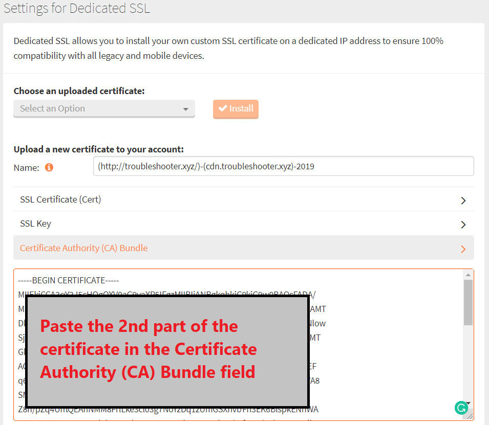 Copy the second part of the server certificate & paste in inside the Certificate Authority (CA) Bundle field