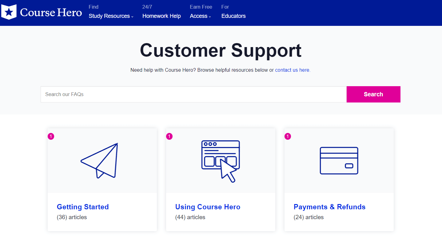 Course Hero Customer Support page