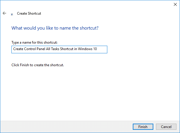 Lag kontrollpanel Alle oppgaver snarvei i Windows 10